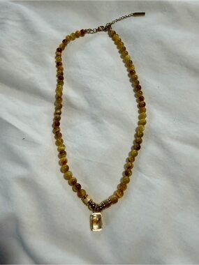 Yellow Agate Beaded Necklace with Rectangular Pendant -